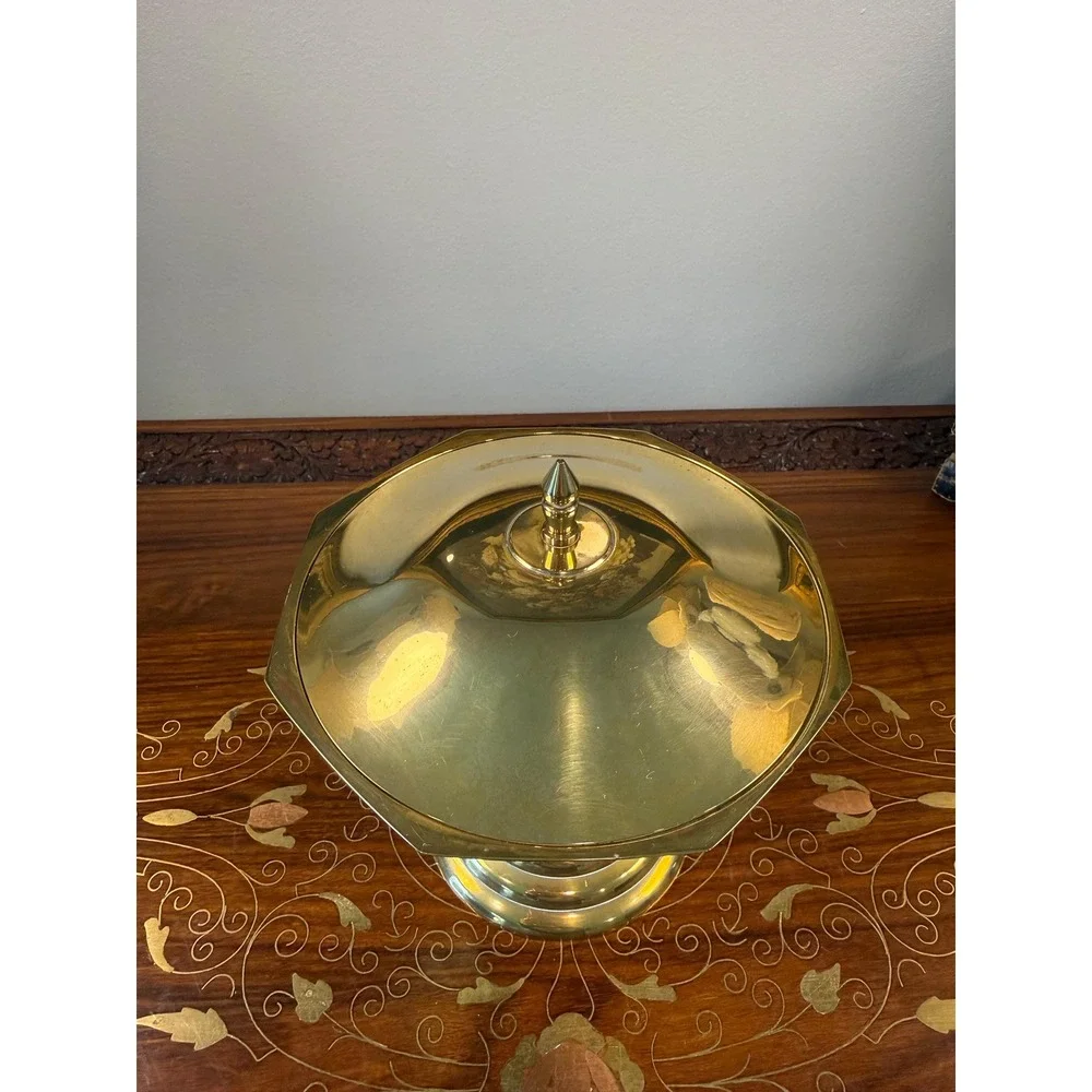 Vintage Solid Brass Lidded Pedestal Bowl • Octagonal Compote